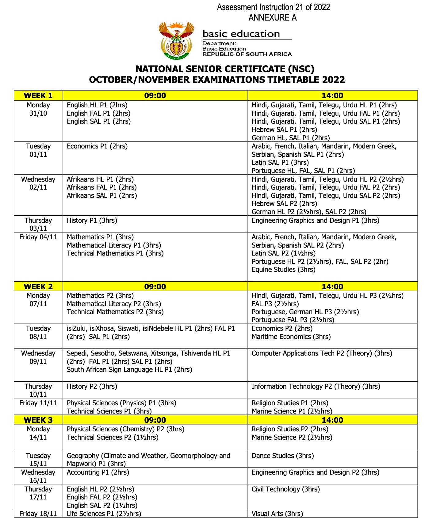 Grade 12 Final Exam Timetable 2022 October/November is out