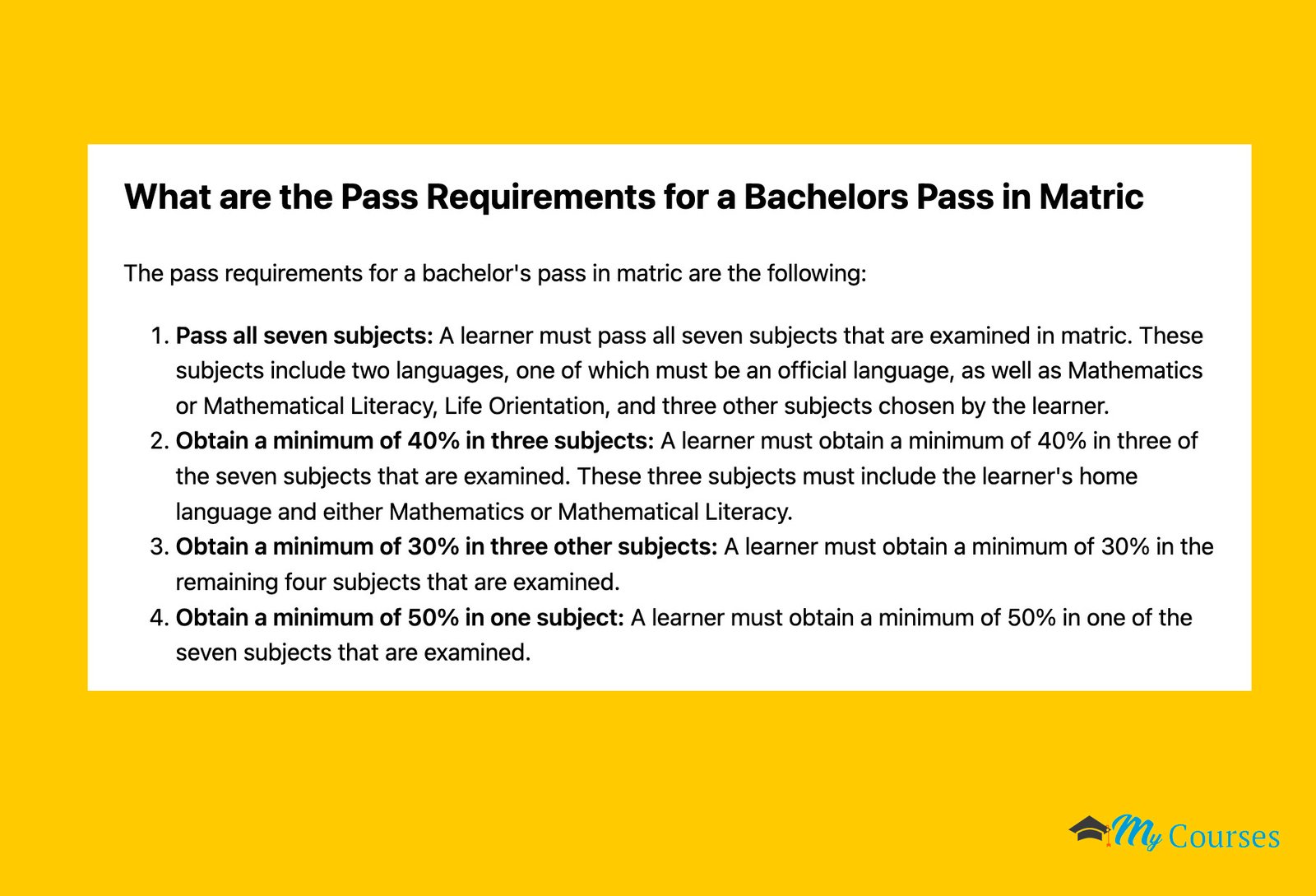What are the Pass Requirements for a Bachelors Pass in Matric