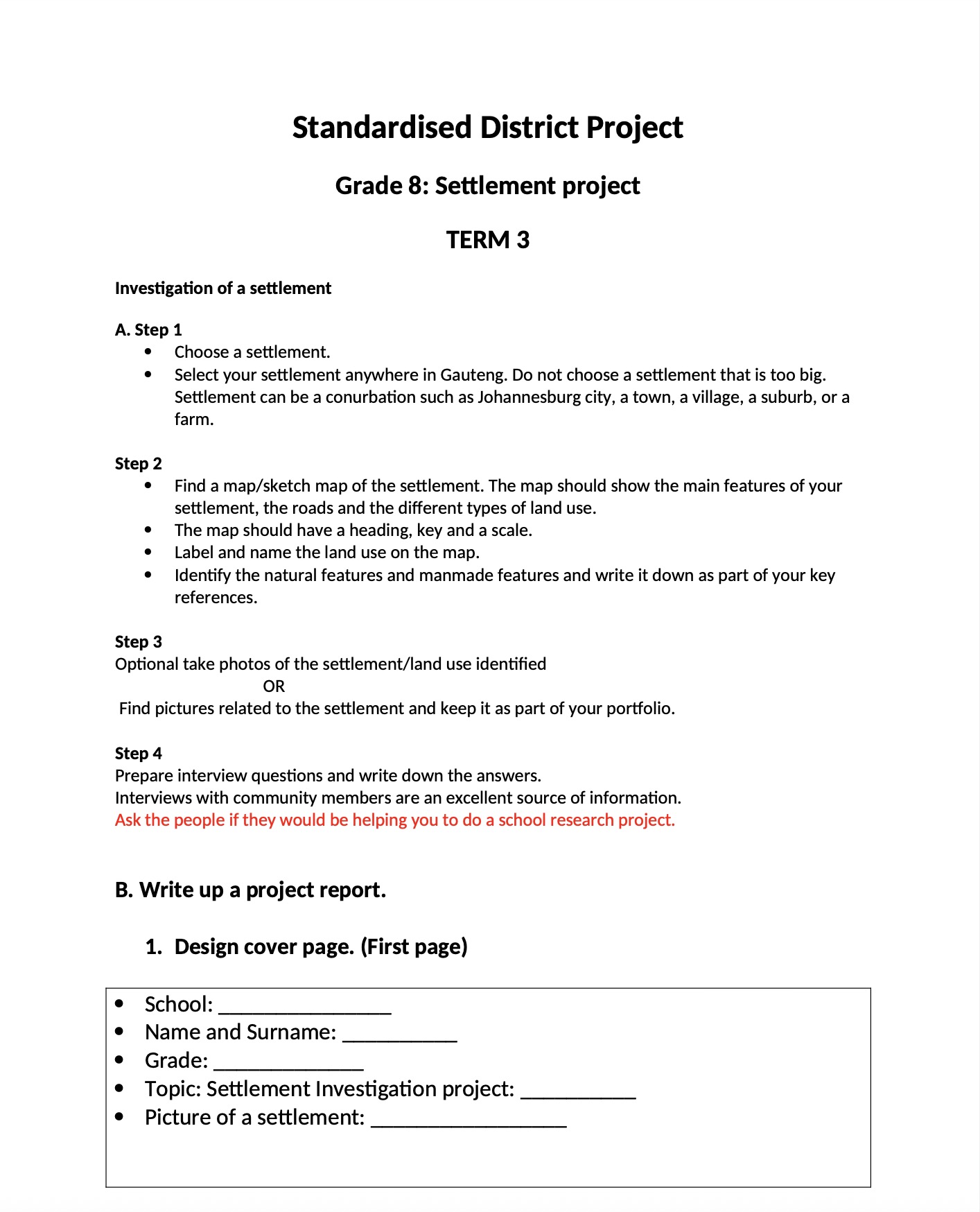 Investigation of a Settlement Project Grade 8 answers PDF