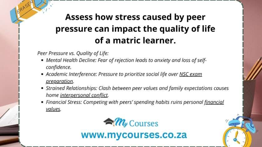 Assess how stress caused by peer pressure can impact the quality of life of a matric learner