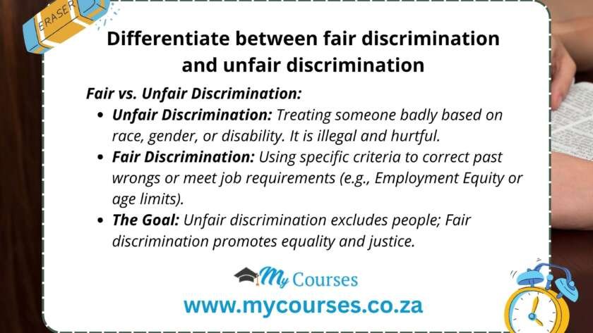 Differentiate between fair discrimination and unfair discrimination