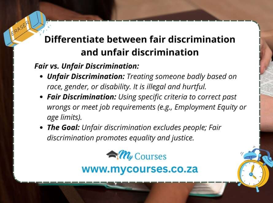Differentiate between fair discrimination and unfair discrimination