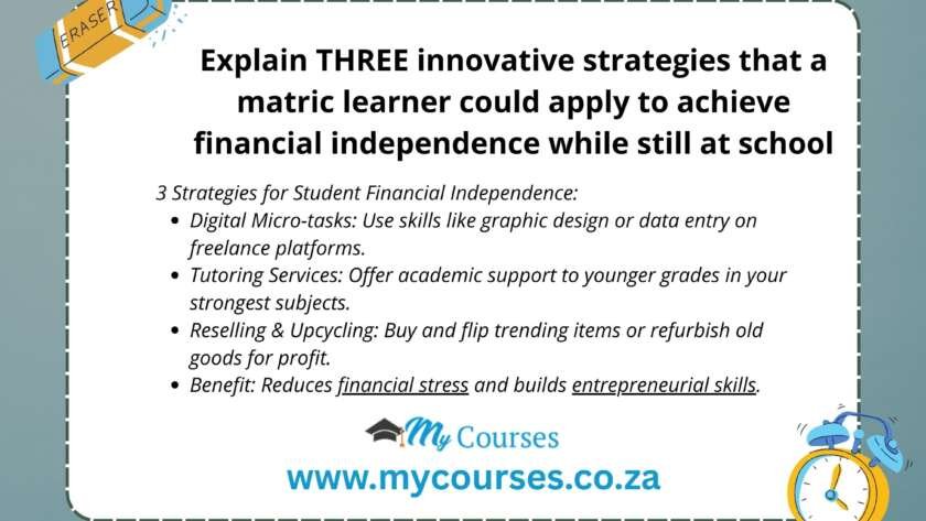 Explain THREE innovative strategies that a matric learner could apply to achieve financial independence while still at school