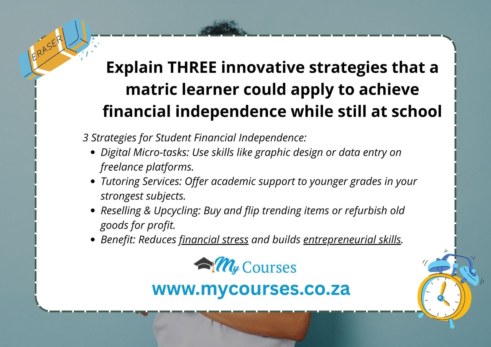 Explain THREE innovative strategies that a matric learner could apply to achieve financial independence while still at school