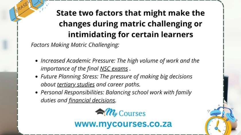 State two factors that might make the changes during matric challenging or intimidating for certain learners