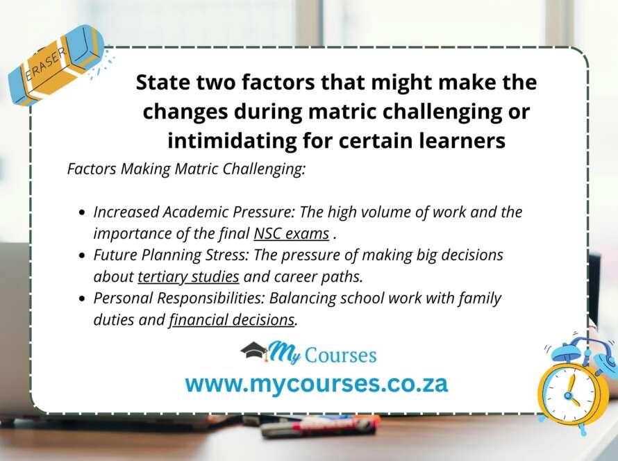 State two factors that might make the changes during matric challenging or intimidating for certain learners