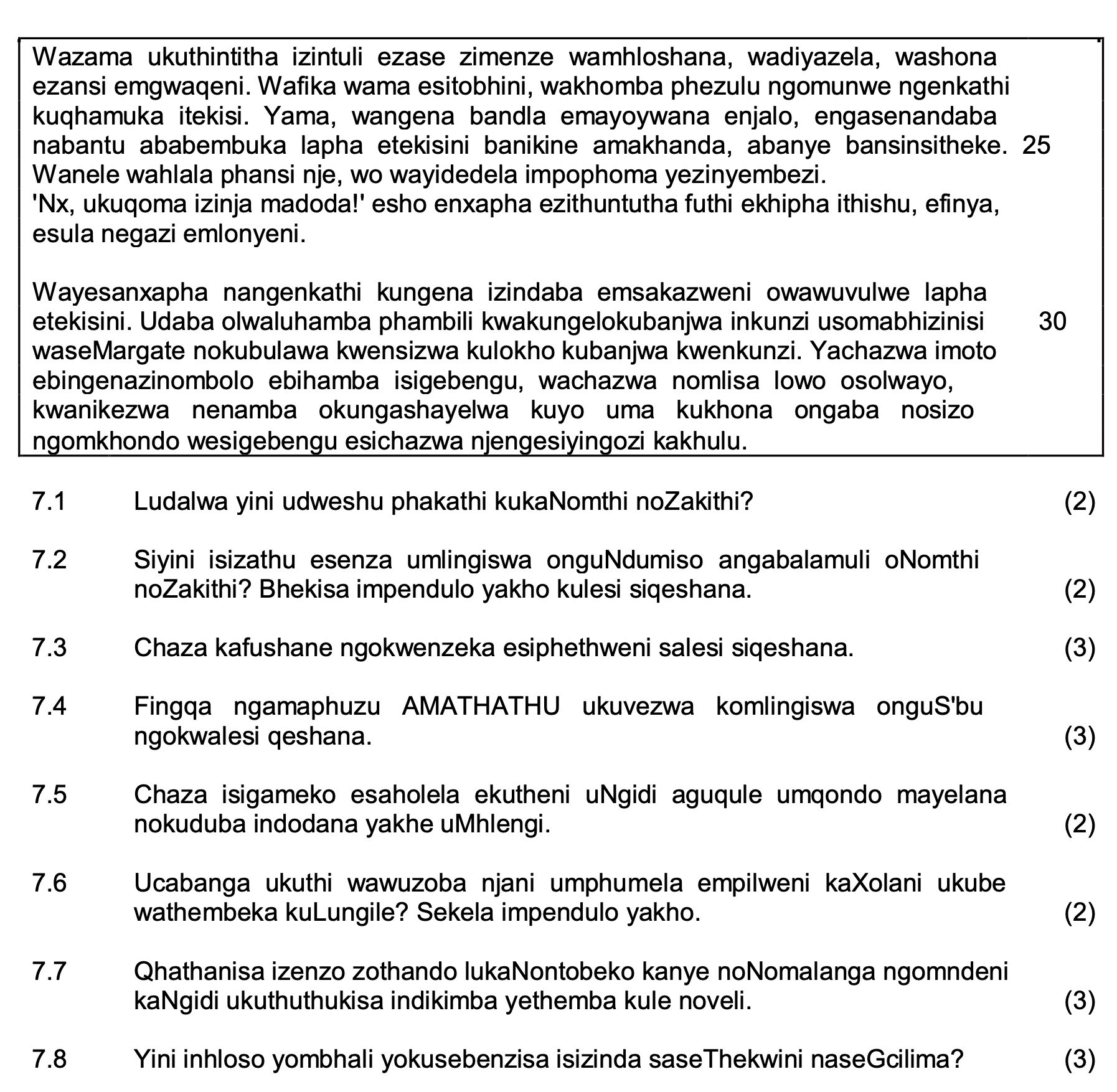 Bengithi Lizokuna Grade 12 Novel Questions and Answers