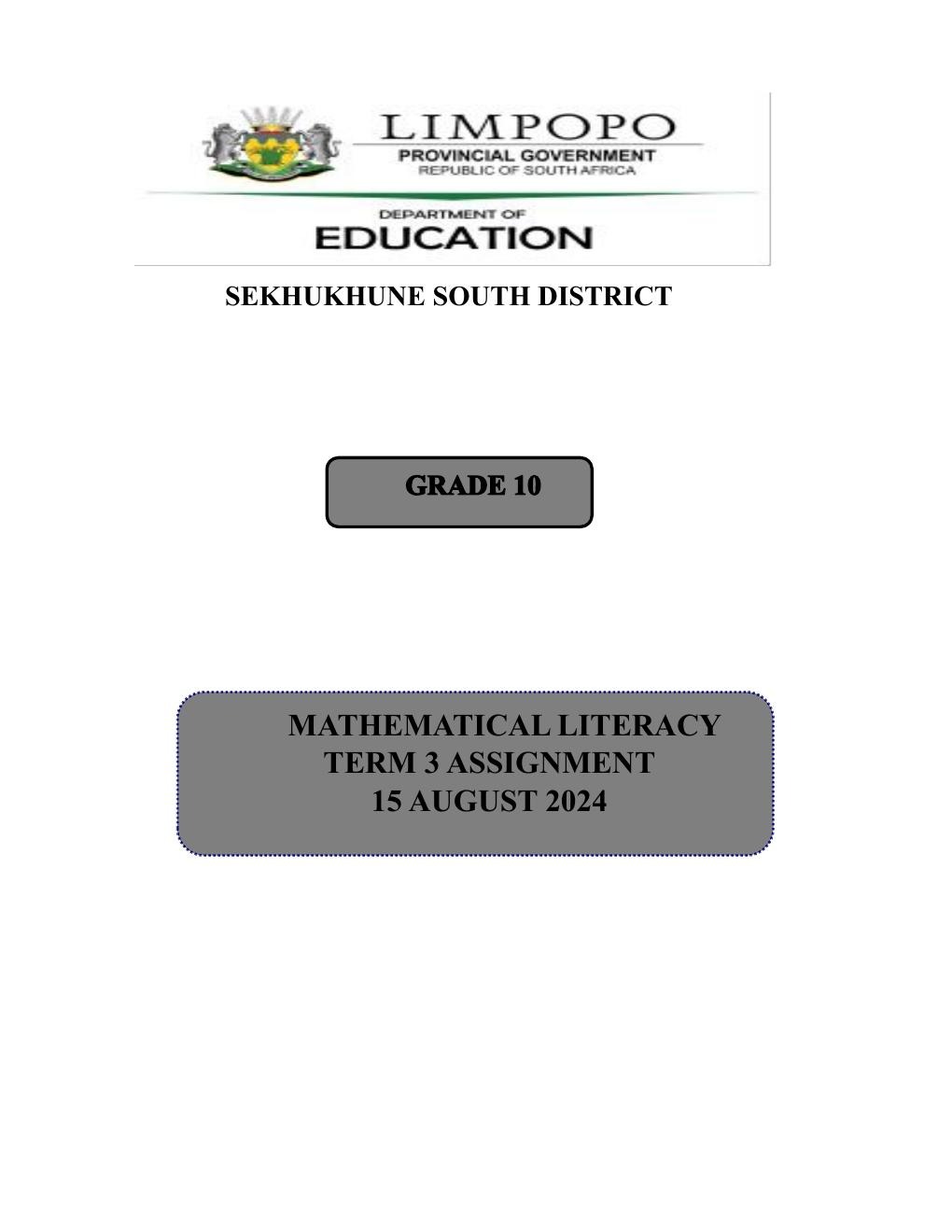 Grade 10 Mathematical Literacy Term 3 Assignment PDF 5gas44
