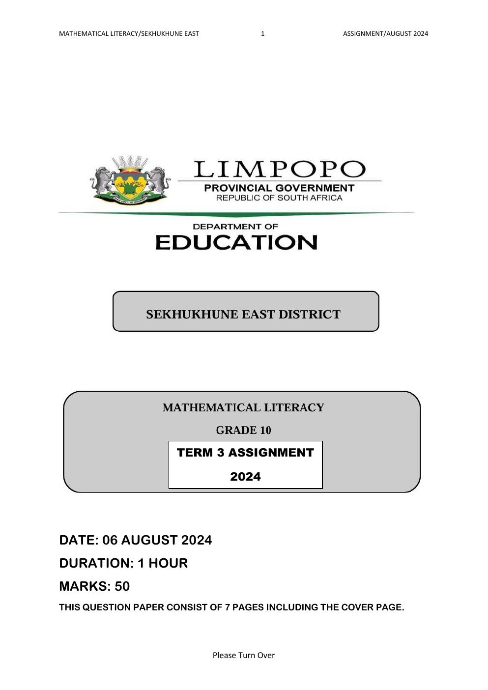 Grade 10 Mathematical Literacy Term 3 Assignment PDF epzhpc