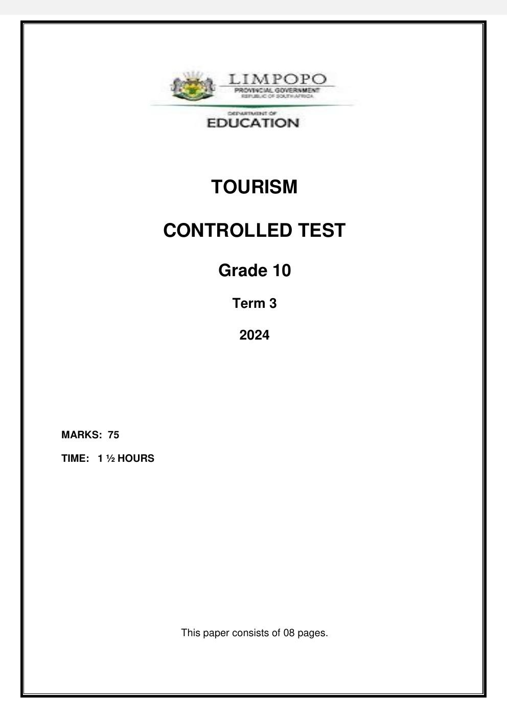 Grade 10 Tourism Term 3 Controlled Test PDF t5j284