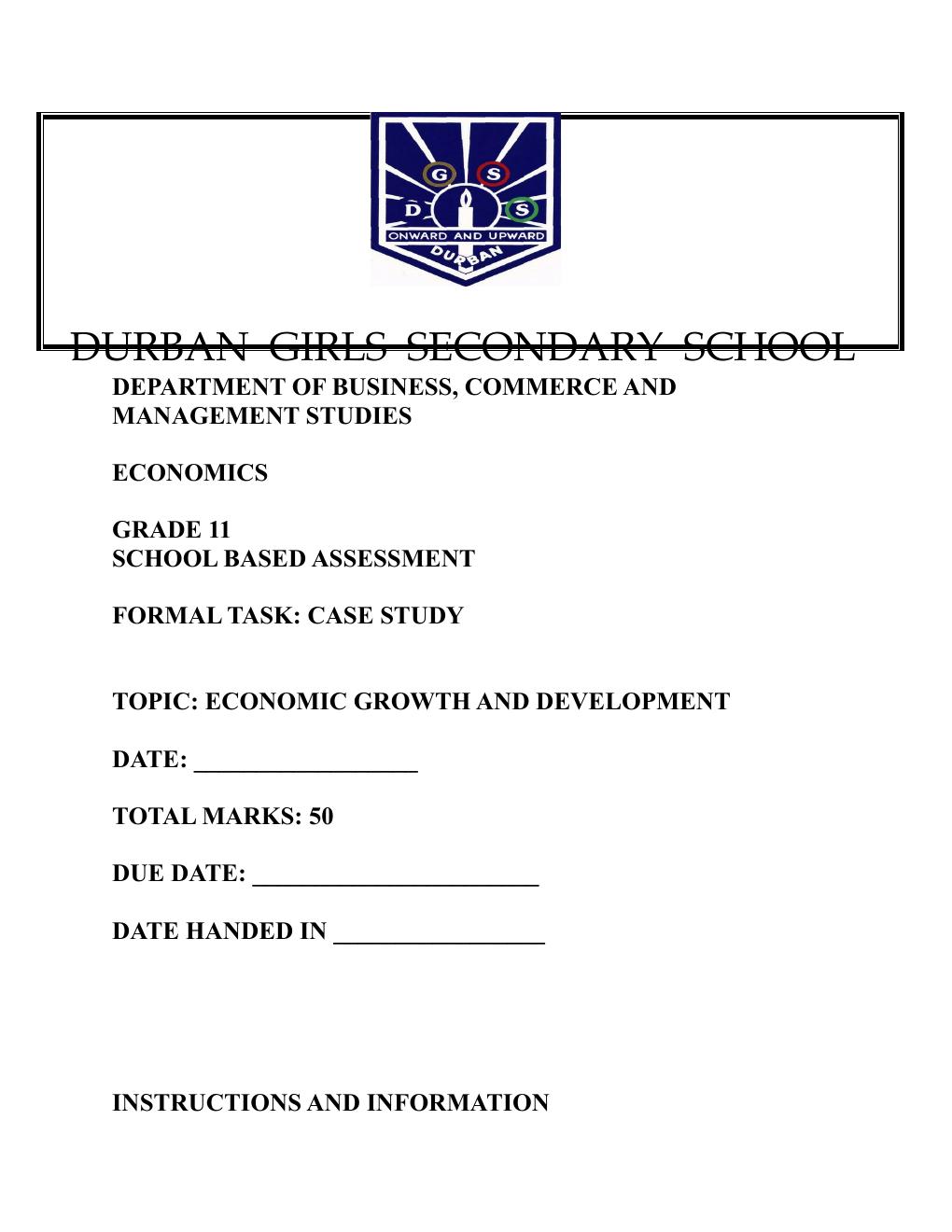 Grade 11 Economics Term 3 Case Study on Economic Growth