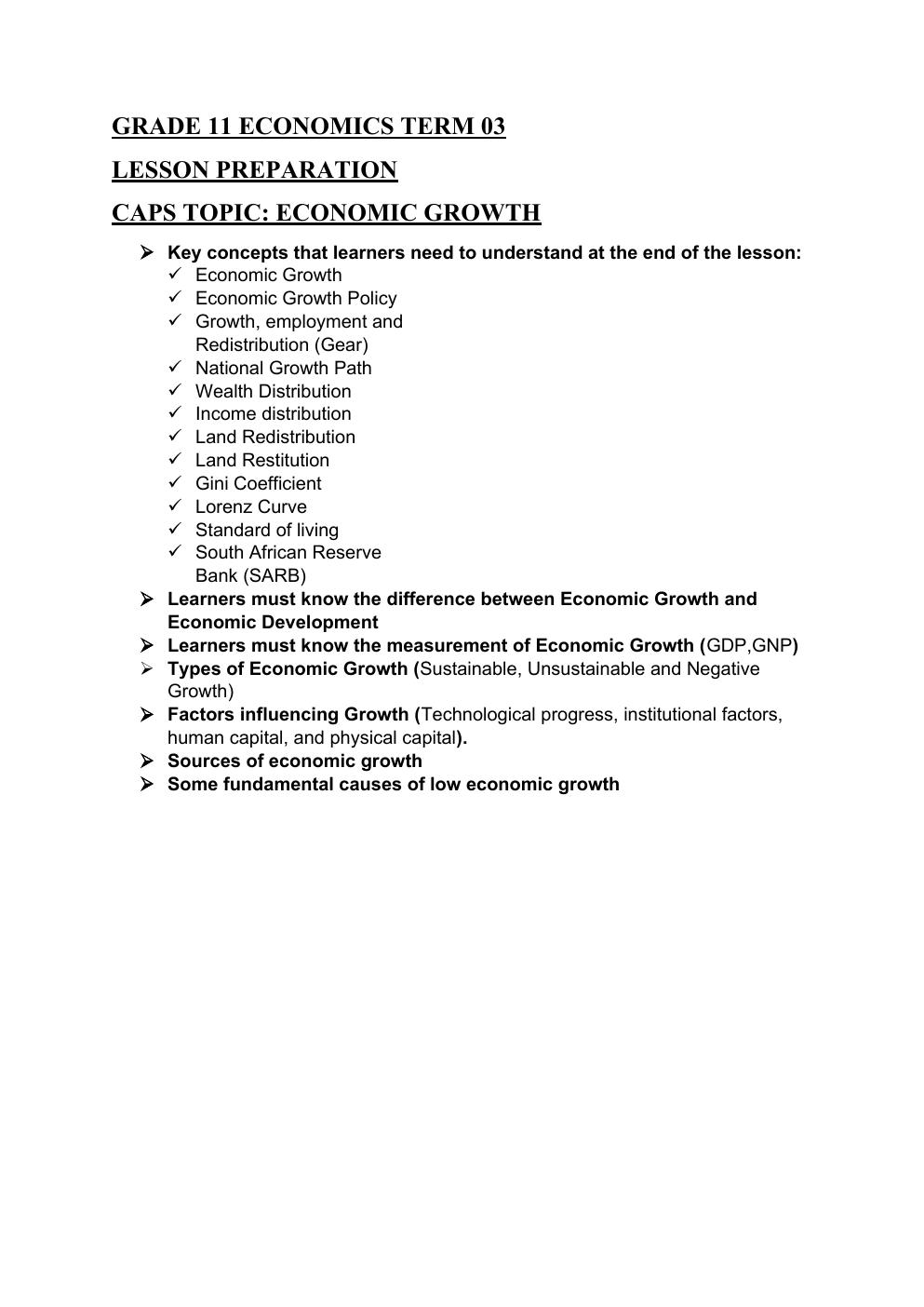 Grade 11 Economics Term 3 Lesson on Economic Growth PDF oaedoe