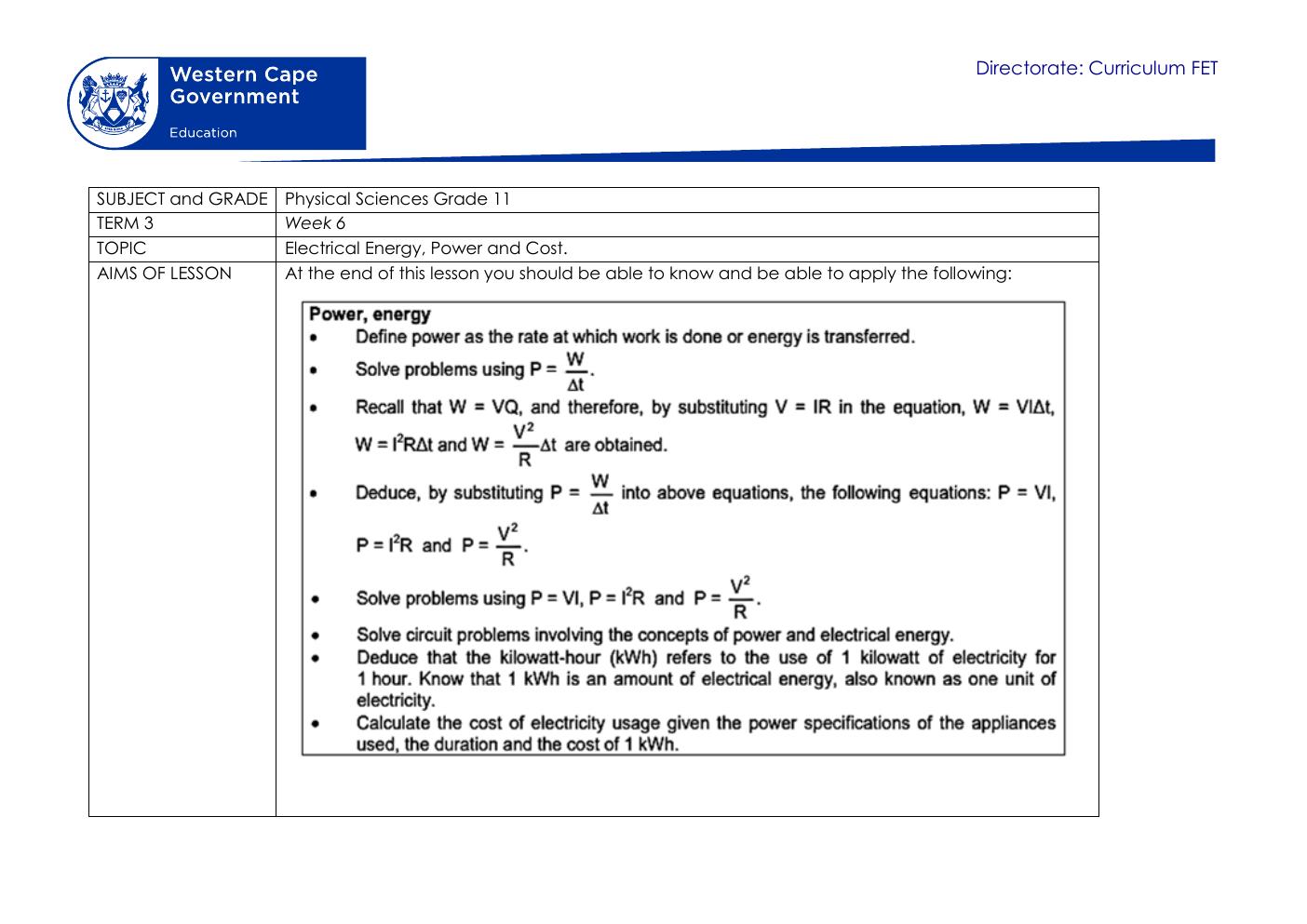 Grade 11 Physical Sciences Term 3 Lesson on Electrical Energy and Cost PDF 1uqbfo