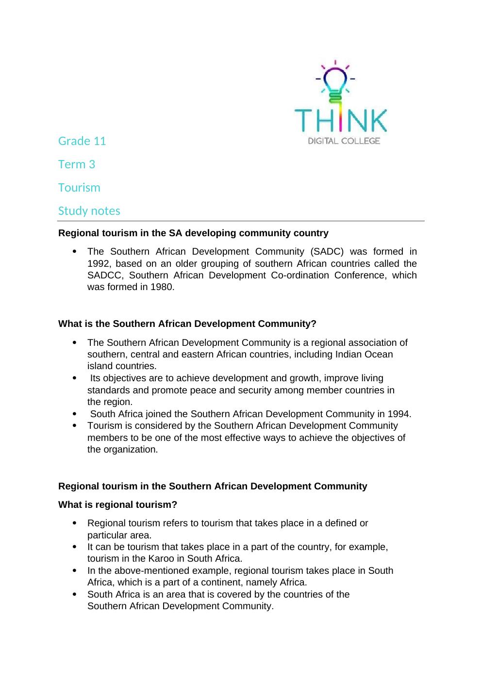 Grade 11 Tourism Term 3 Study Notes on Regional Tourism PDF 70lklf