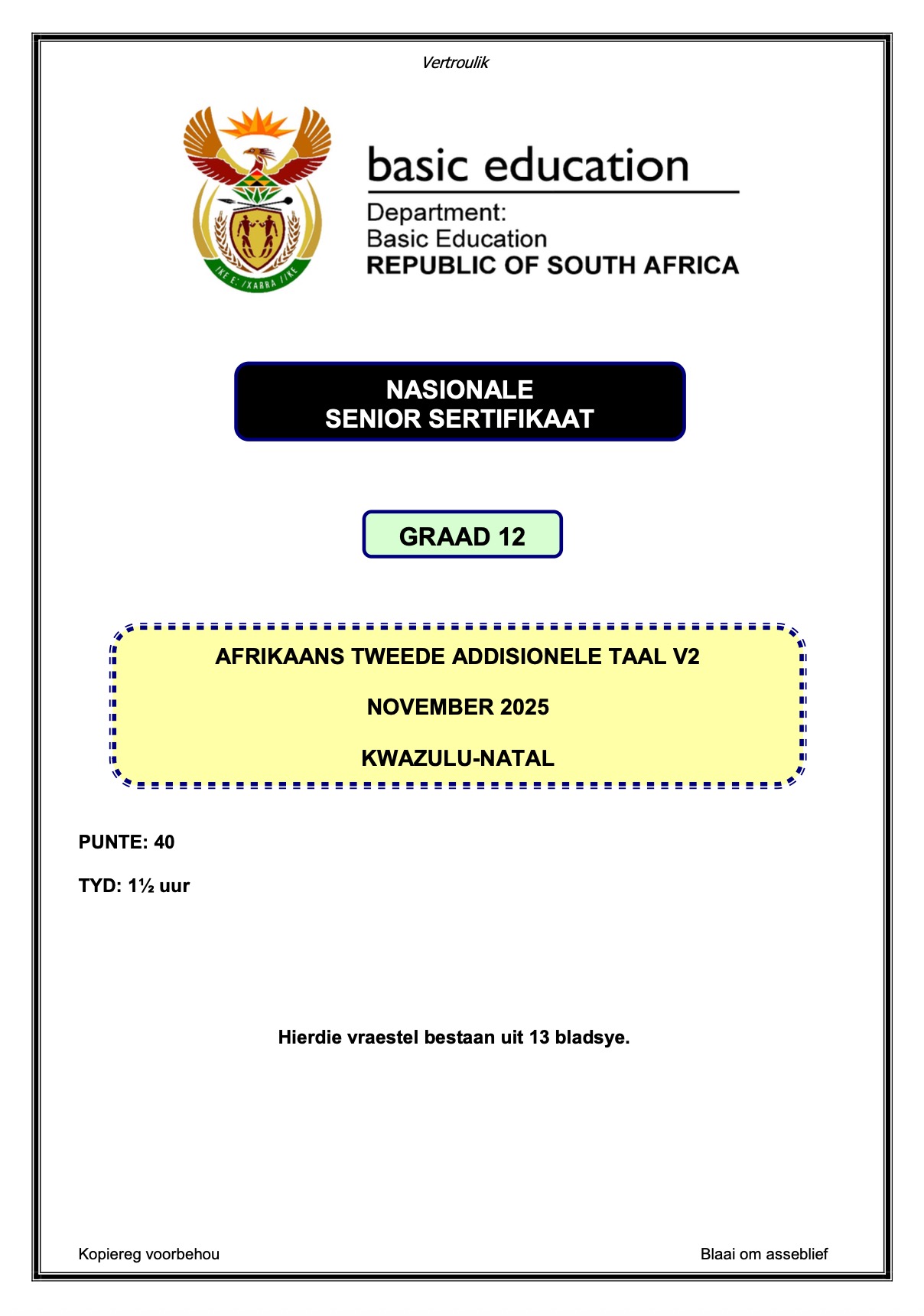 Grade 12 Afrikaans SAL P2 Nov 2025 Question Paper
