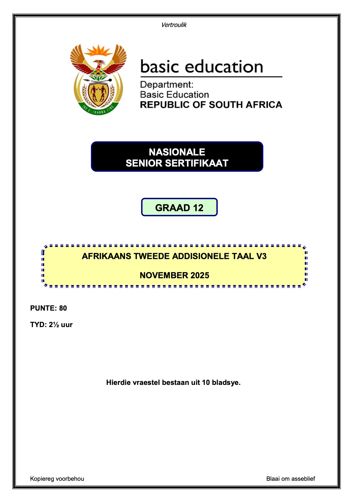 Grade 12 Afrikaans SAL P3 Nov 2025 Question Paper