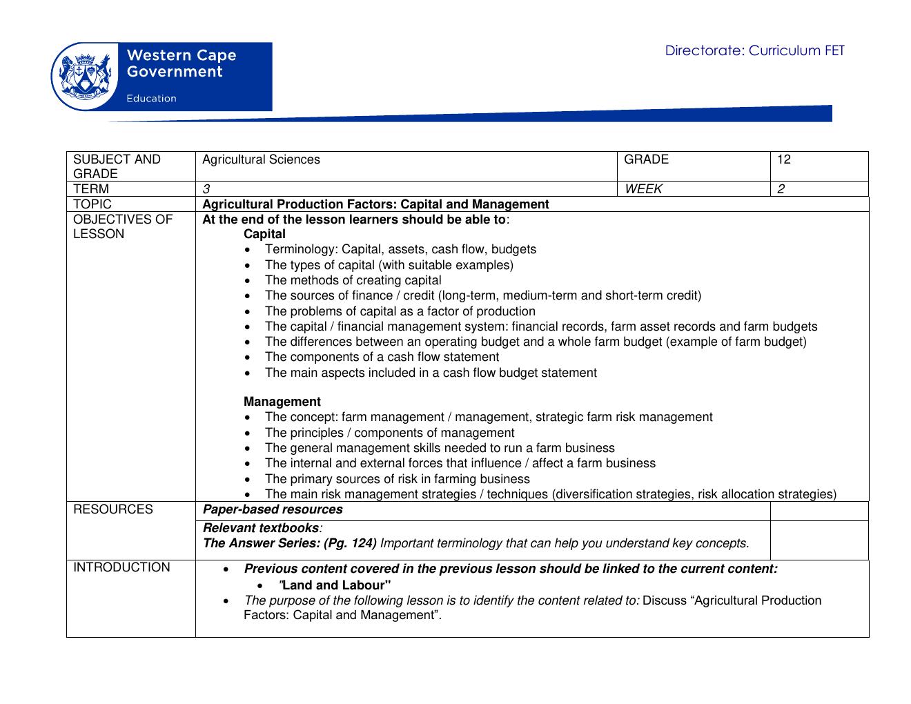 Grade 12 Agricultural Sciences Term 3 Lesson on Capital and Management PDF 5fdhjk