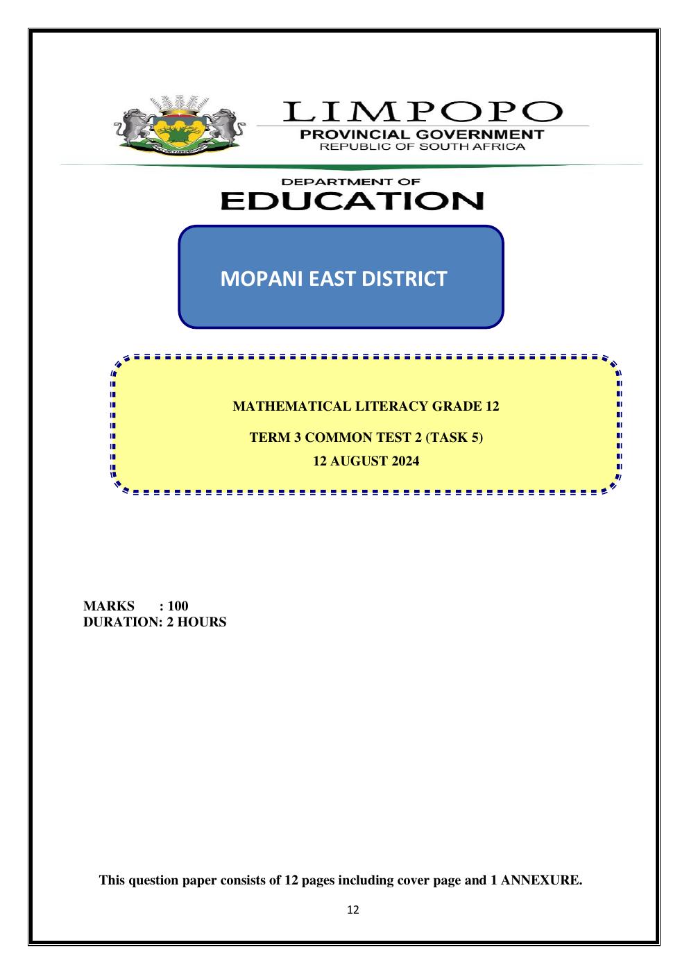 Grade 12 Mathematical Literacy Term 3 Common Test 2 PDF kxwnre