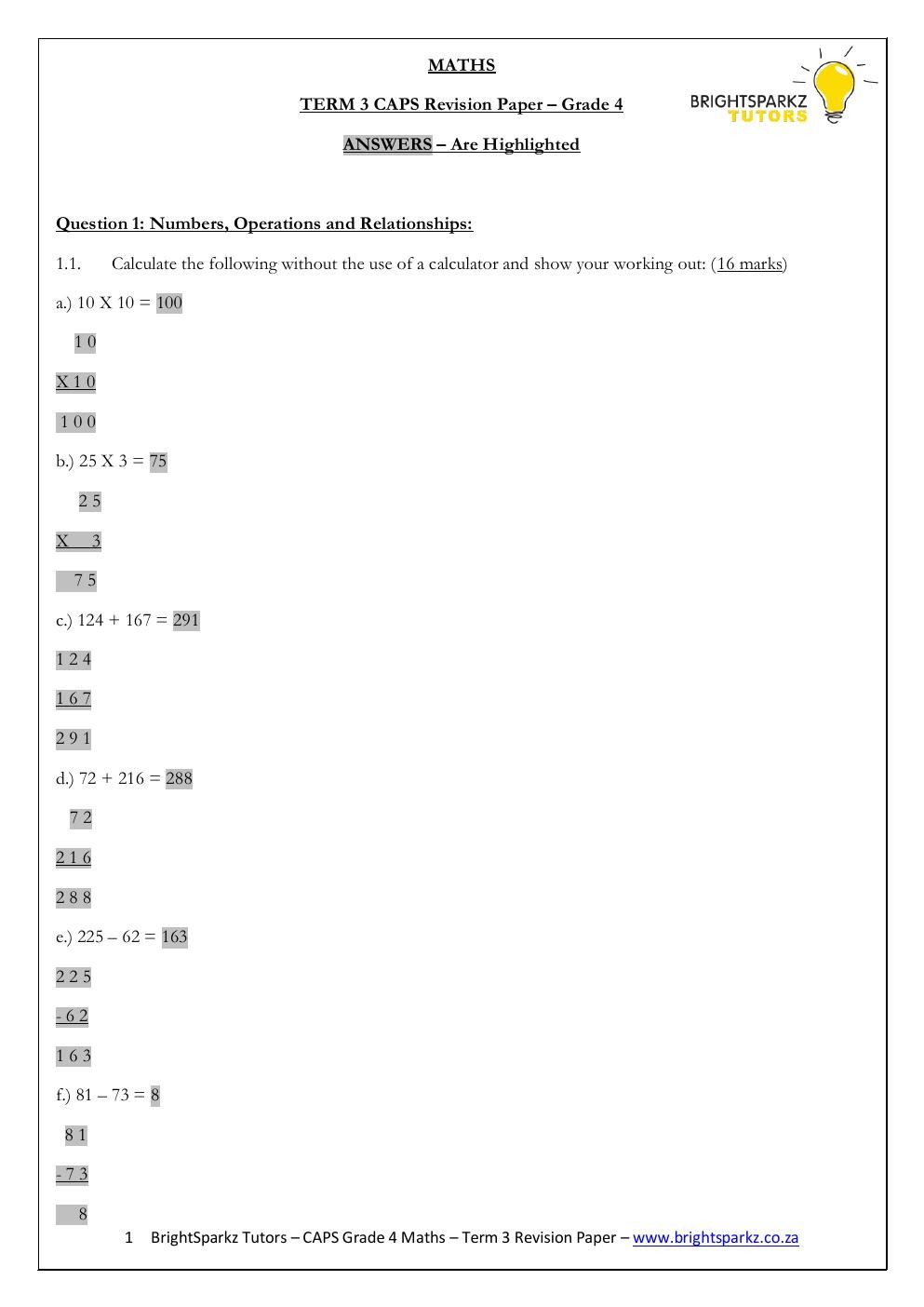 Grade 4 Mathematics Term 3 CAPS Revision Memorandum PDF t6mjxk