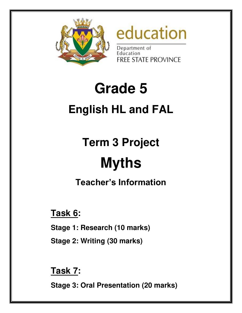 Grade 5 English Term 3 Project on Myths: Teacher Information PDF i379u2