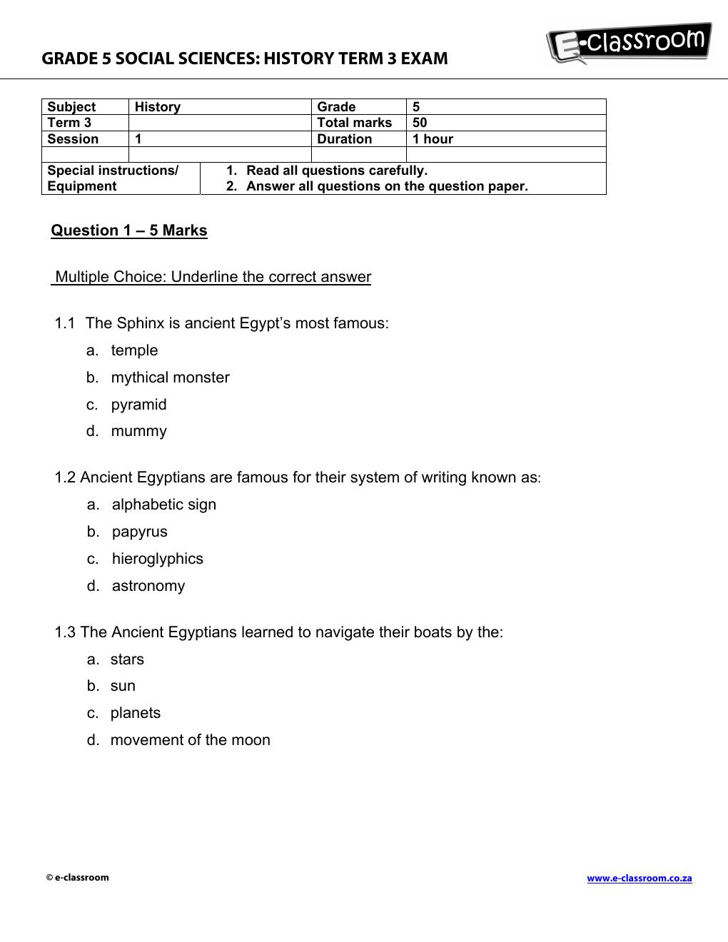 Grade 5 History Term 3 Exam on Ancient Egypt