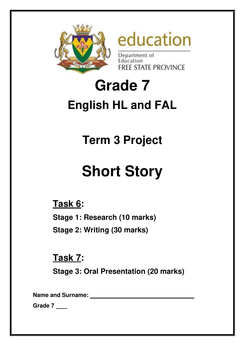 Grade 7 English Term 3 Project on Short Stories PDF dn0yby
