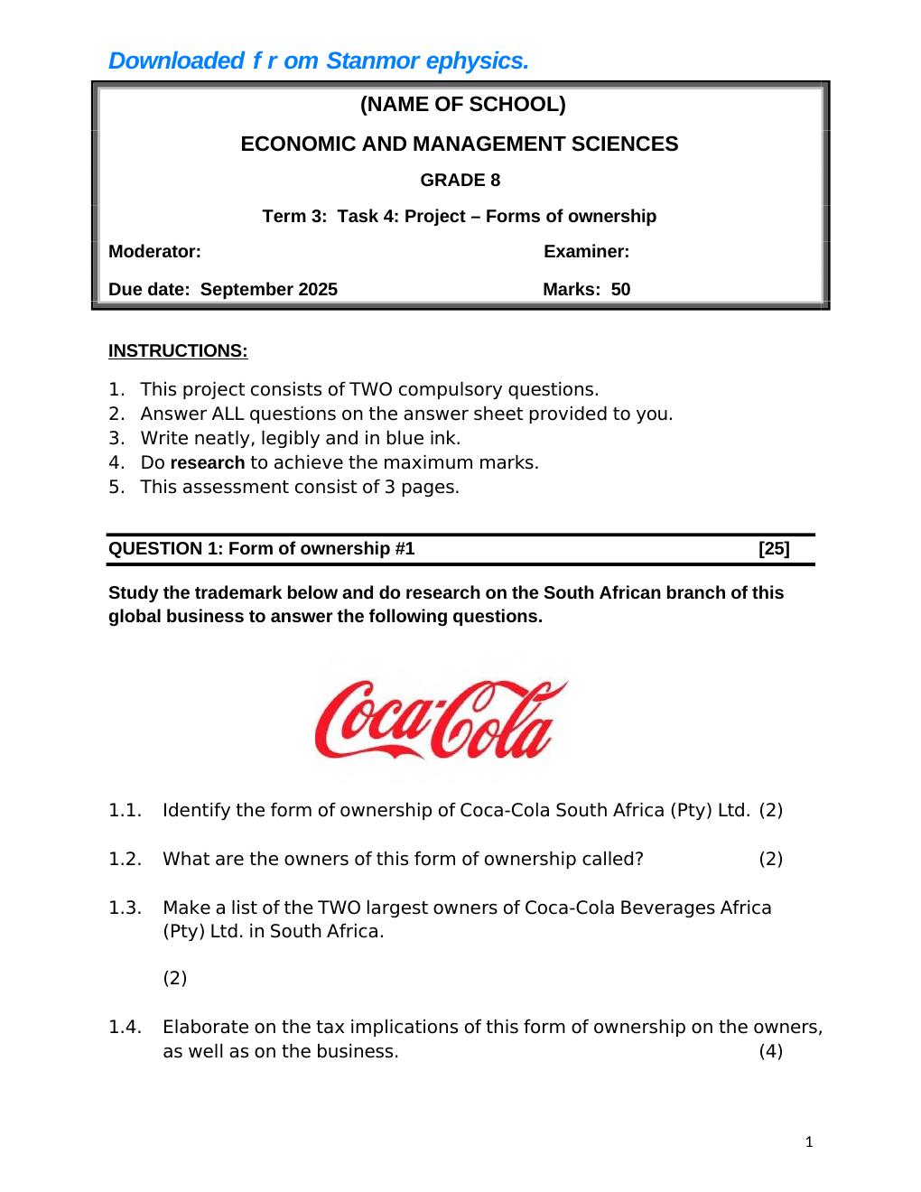 Grade 8 EMS Term 3 Project on Forms of Business Ownership PDF i49kq7