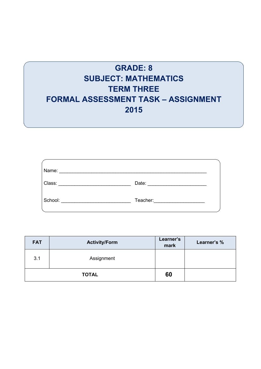 Grade 8 Mathematics Term 3 Formal Assignment on Fractions and Decimals PDF hez5ed