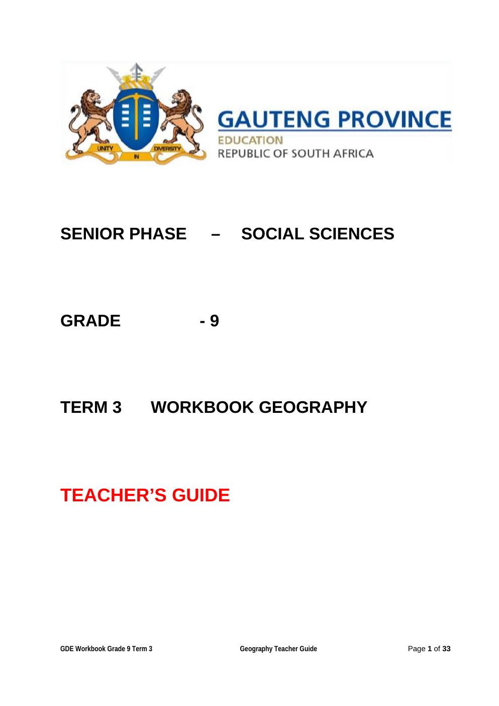 Grade 9 Geography Term 3 Workbook Teacher's Guide PDF f1rcav