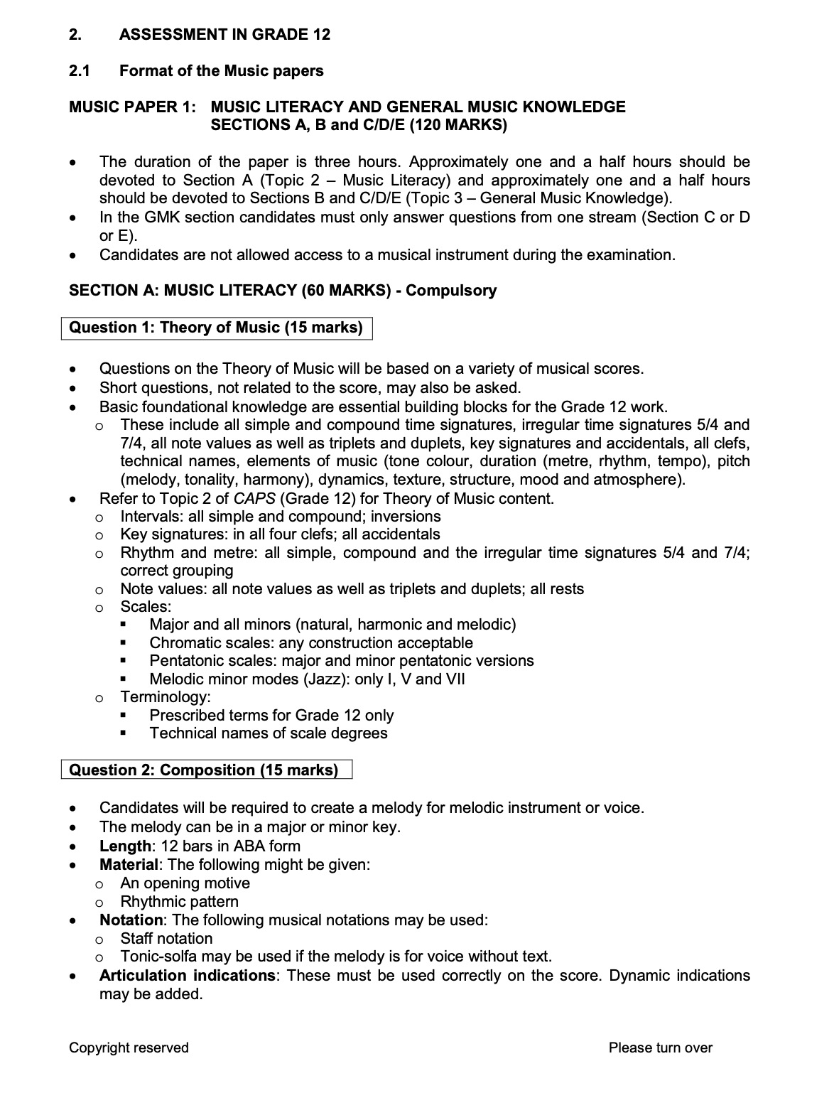 Music Grade 12 Exam Guidelines Scope