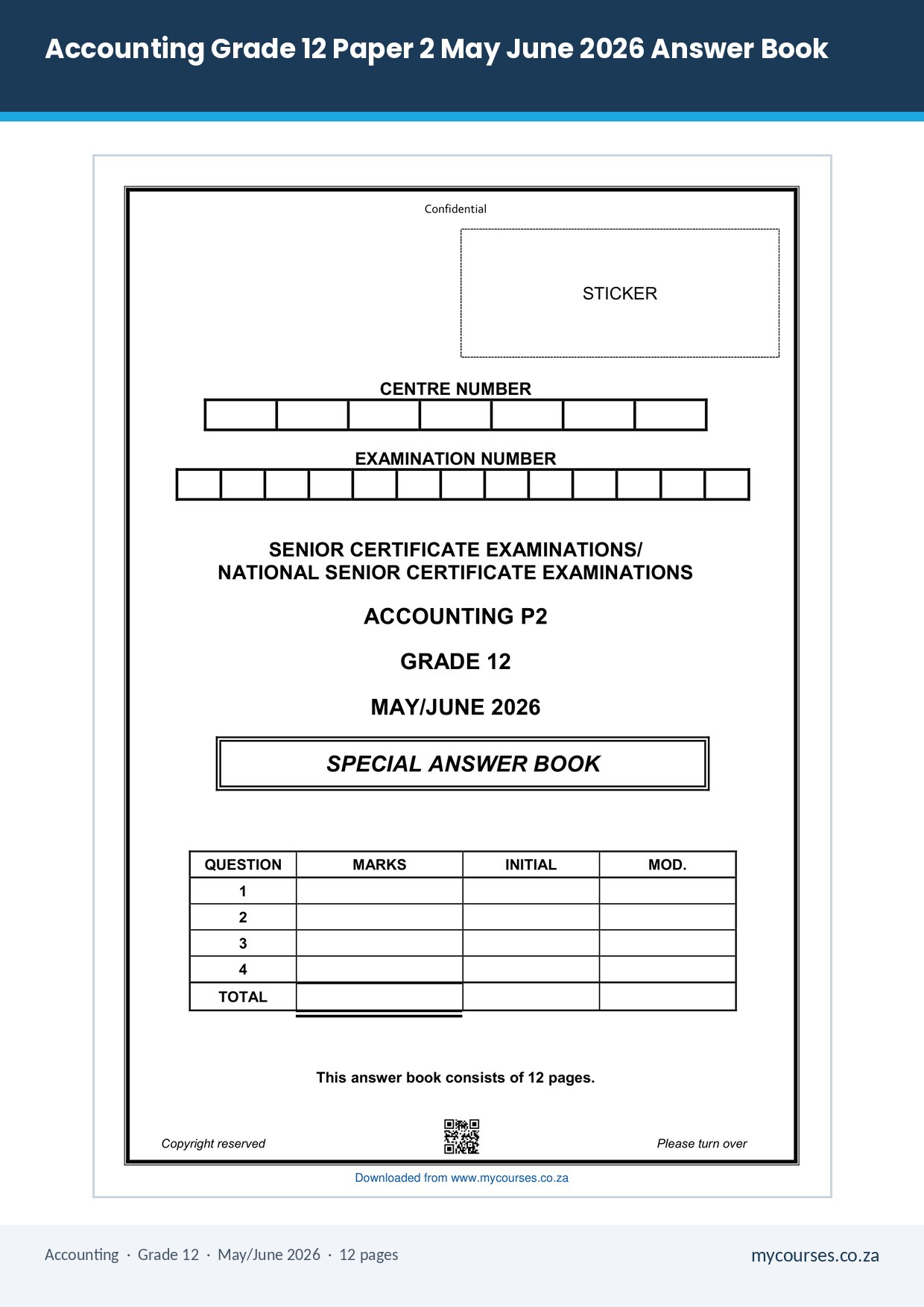 Accounting Grade 12 Paper 2 May June 2026 Answer Book PDF BTE-129 - front page of the free PDF, mycourses.co.za