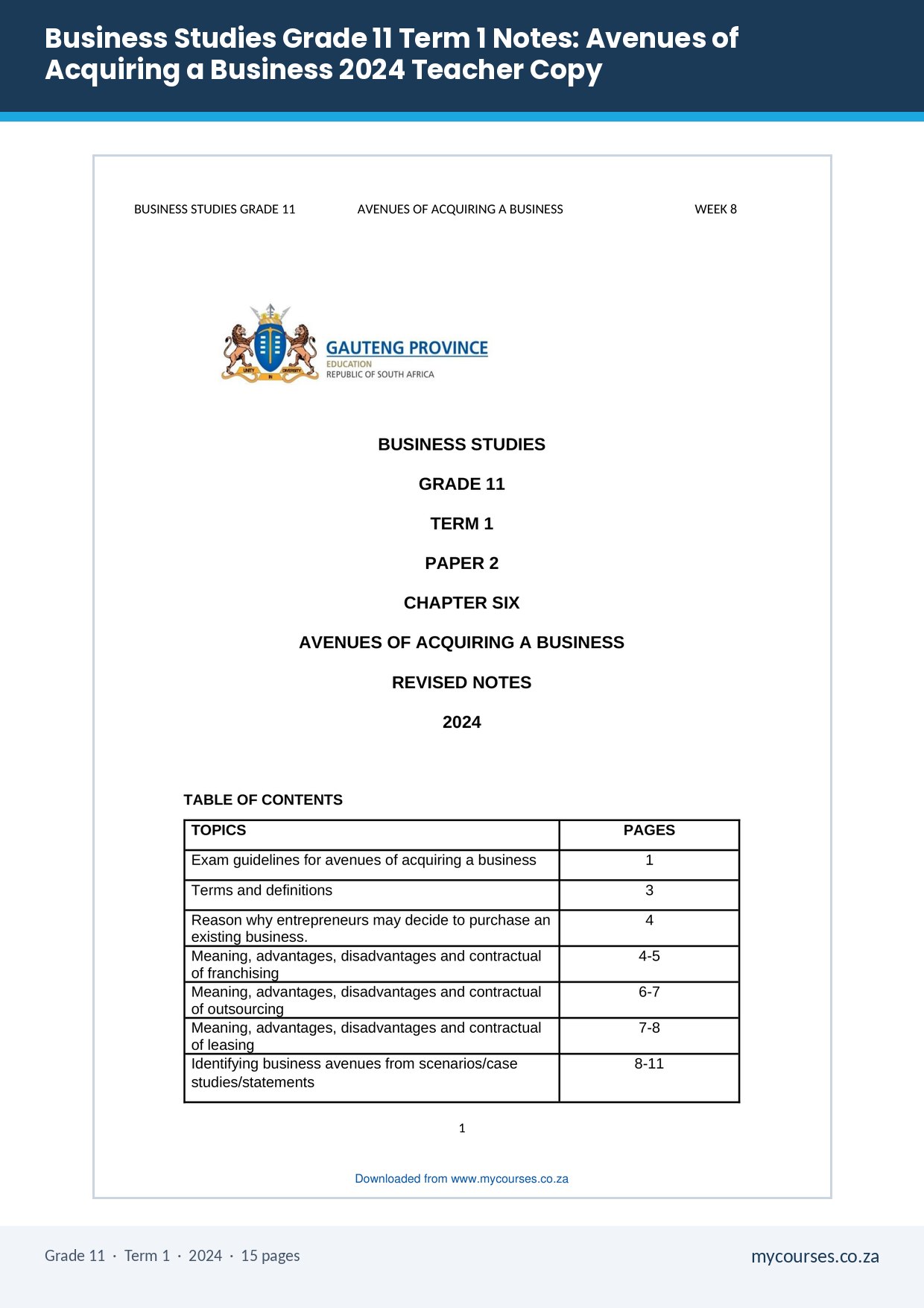 Business Studies Grade 11 Term 1 Notes: Avenues of Acquiring a Business 2024 Teacher Copy PDF YTB-171 - front page of the free PDF, mycourses.co.za