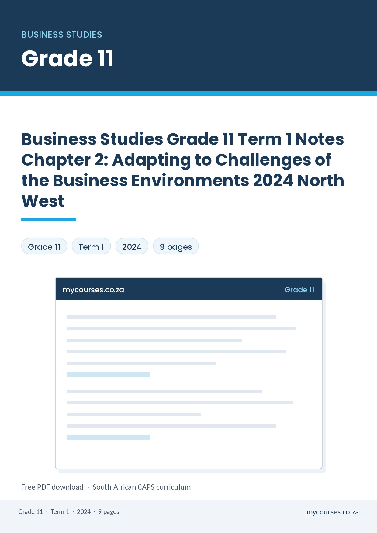 Business Studies Grade 11 Term 1 Notes Chapter 2: Adapting to Challenges of the Business Environments 2024 North West PDF WAB-851 - front page of the free PDF, mycourses.co.za