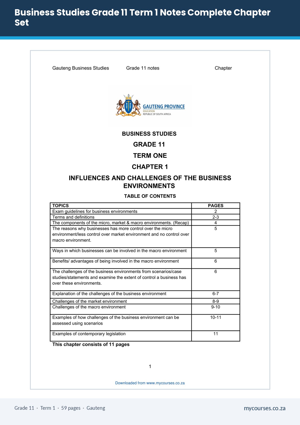 Business Studies Grade 11 Term 1 Notes Complete Chapter Set PDF RYO-811 - front page of the free PDF, mycourses.co.za