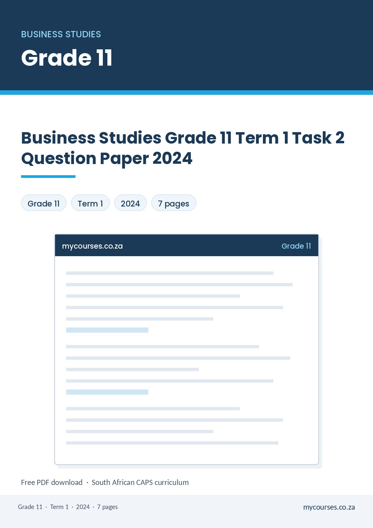 Business Studies Grade 11 Term 1 Task 2 Question Paper 2024 PDF SLE-996 - front page of the free PDF, mycourses.co.za