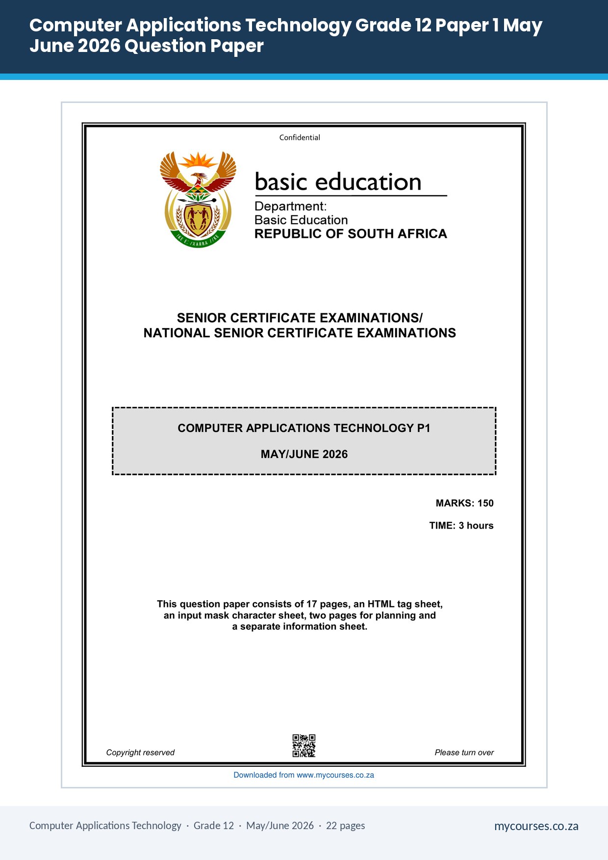 Computer Applications Technology Grade 12 Paper 1 May June 2026 Question Paper PDF USP-682 - front page of the free PDF, mycourses.co.za
