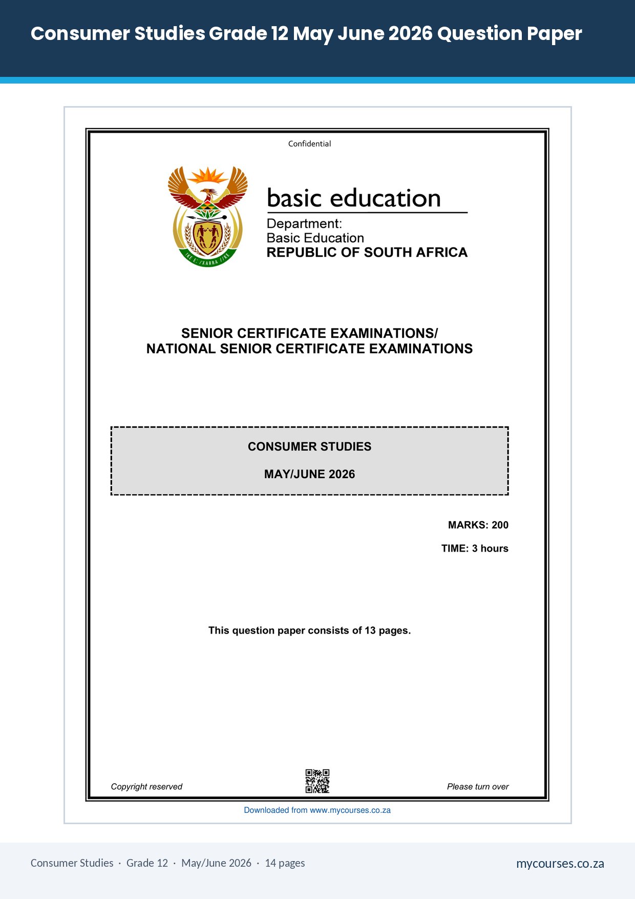 Consumer Studies Grade 12 May June 2026 Question Paper PDF HJI-066 - front page of the free PDF, mycourses.co.za