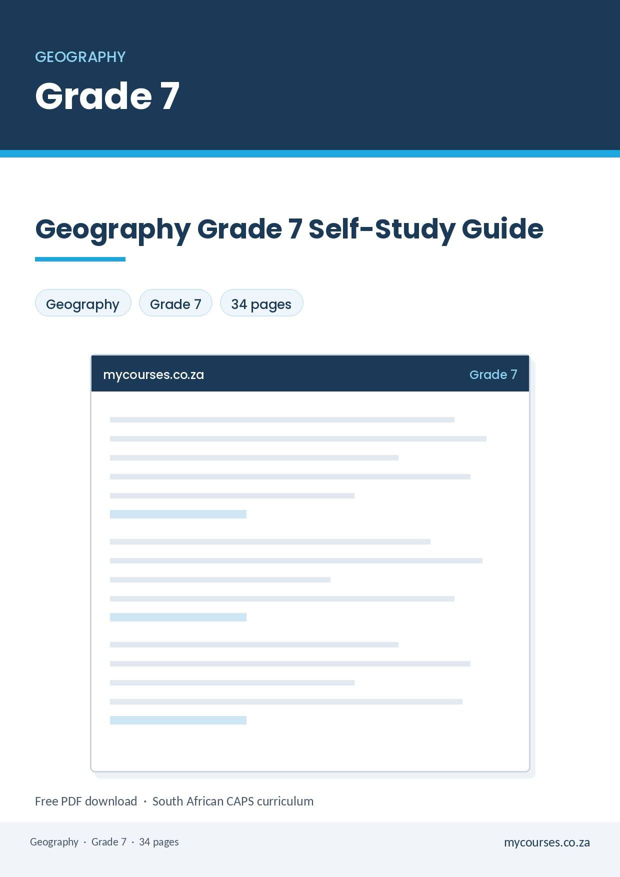 Geography Grade 7 Self-Study Guide PDF MGT-897 - front page of the free PDF, mycourses.co.za