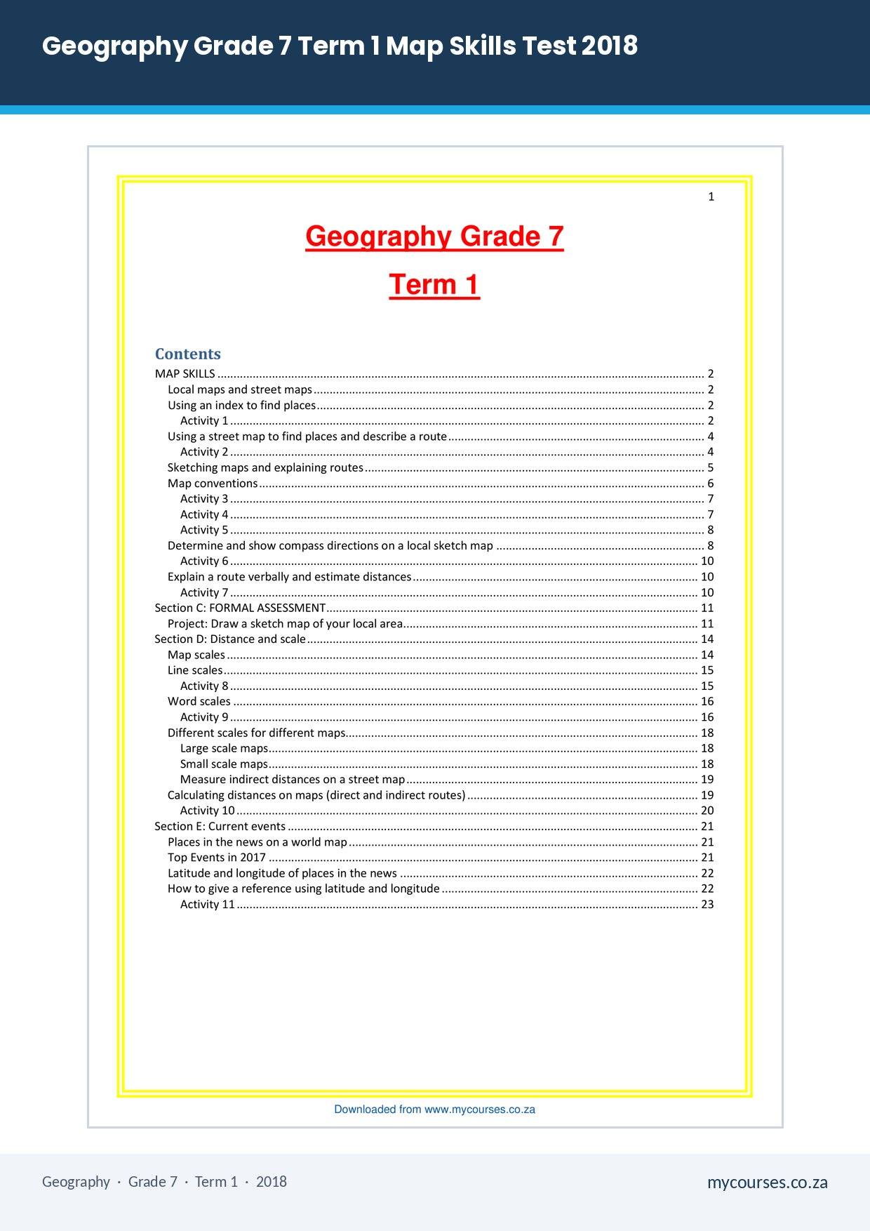 Geography Grade 7 Term 1 Map Skills Test 2018 PDF YTF-404 - front page of the free PDF, mycourses.co.za