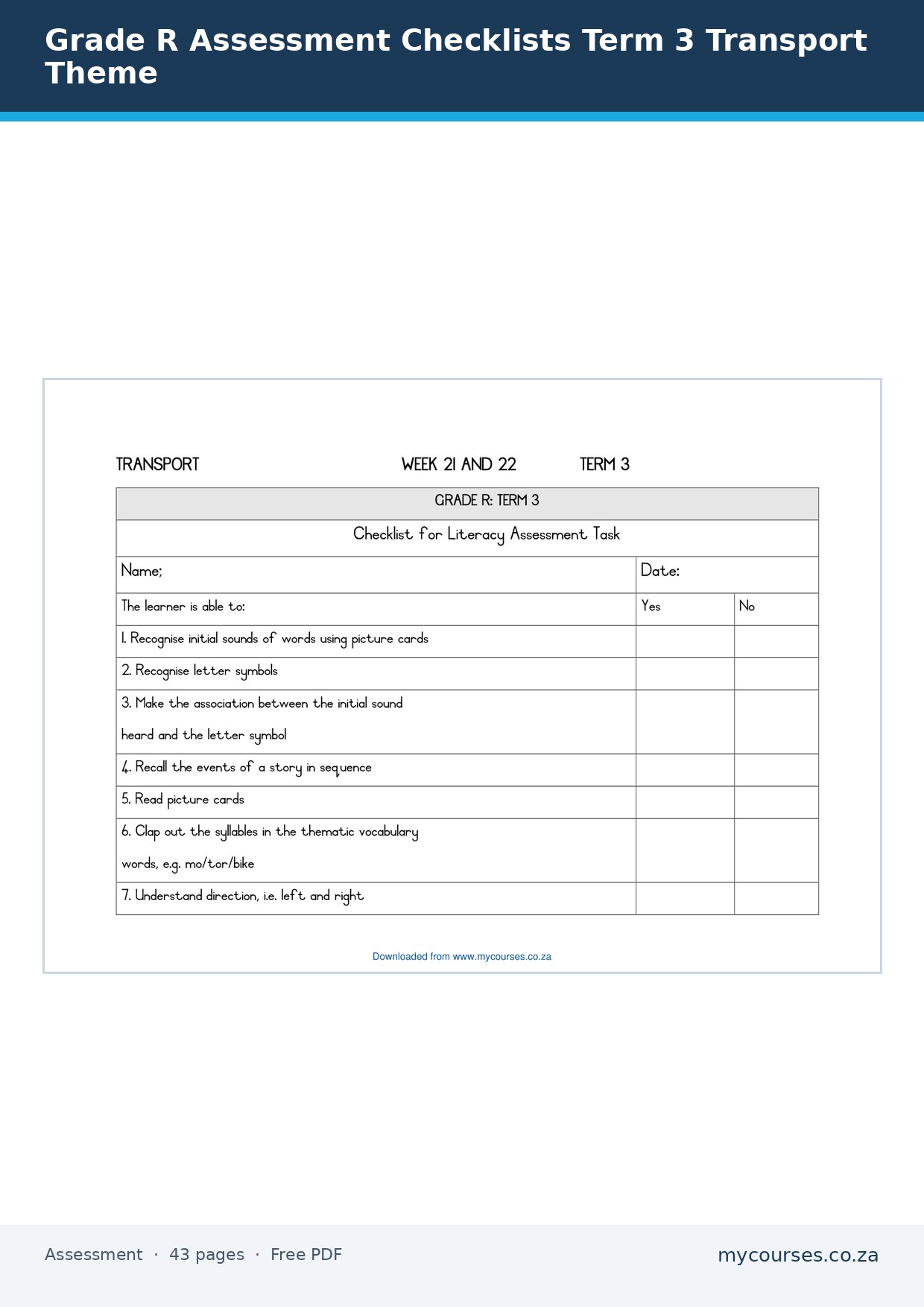 Grade R Assessment Checklists Term 3 Transport Theme wpr-127 - front page of the free PDF, mycourses.co.za
