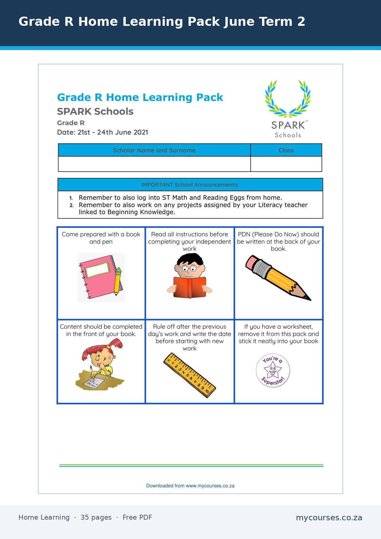 Grade R Home Learning Pack June Term 2 zqp-203 - front page of the free PDF, mycourses.co.za