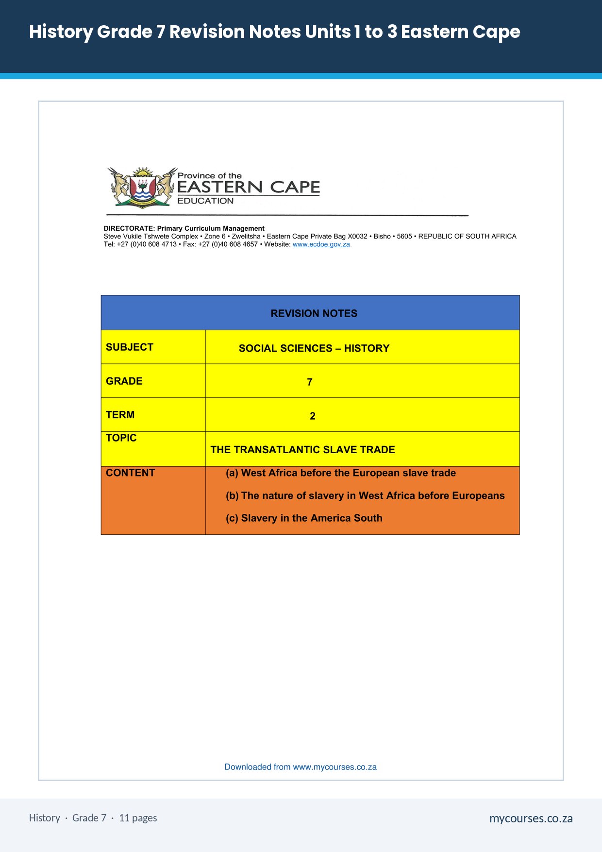 History Grade 7 Revision Notes Units 1 to 3 Eastern Cape PDF HNC-201 - front page of the free PDF, mycourses.co.za