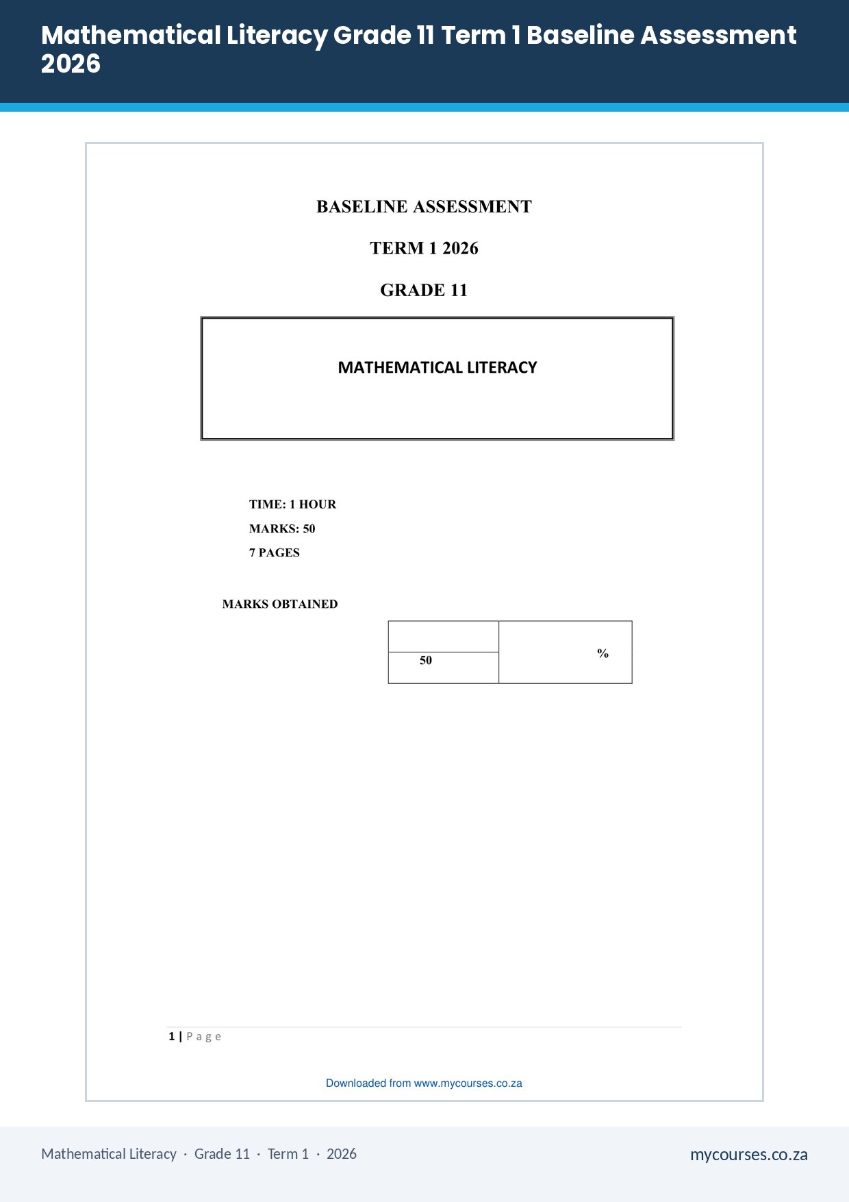 Assesment Rig Mathematical Literacy Grade 11 Term 1 Lesson Plans PDF RIG-339