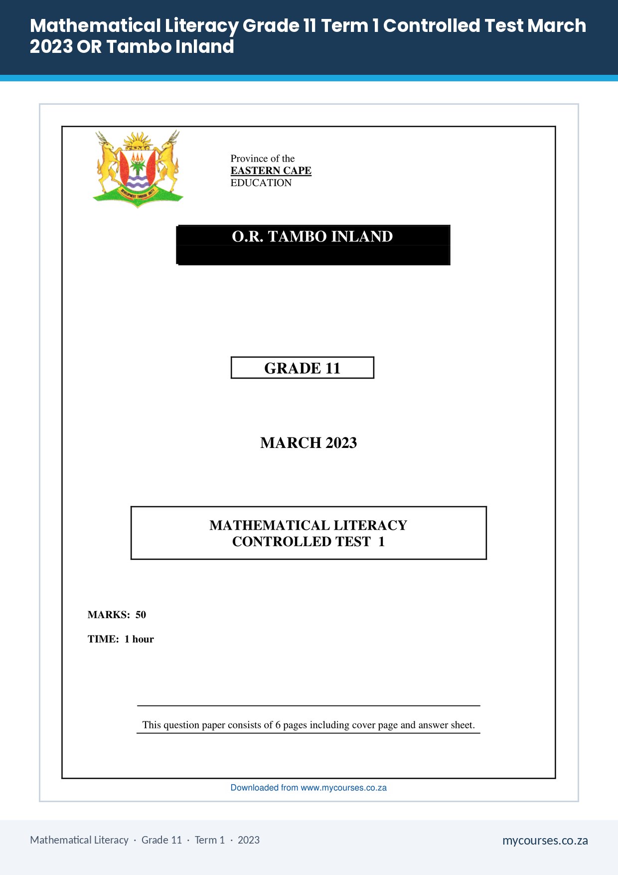Assesment Rig Mathematical Literacy Grade 11 Term 1 Lesson Plans PDF RIG-339