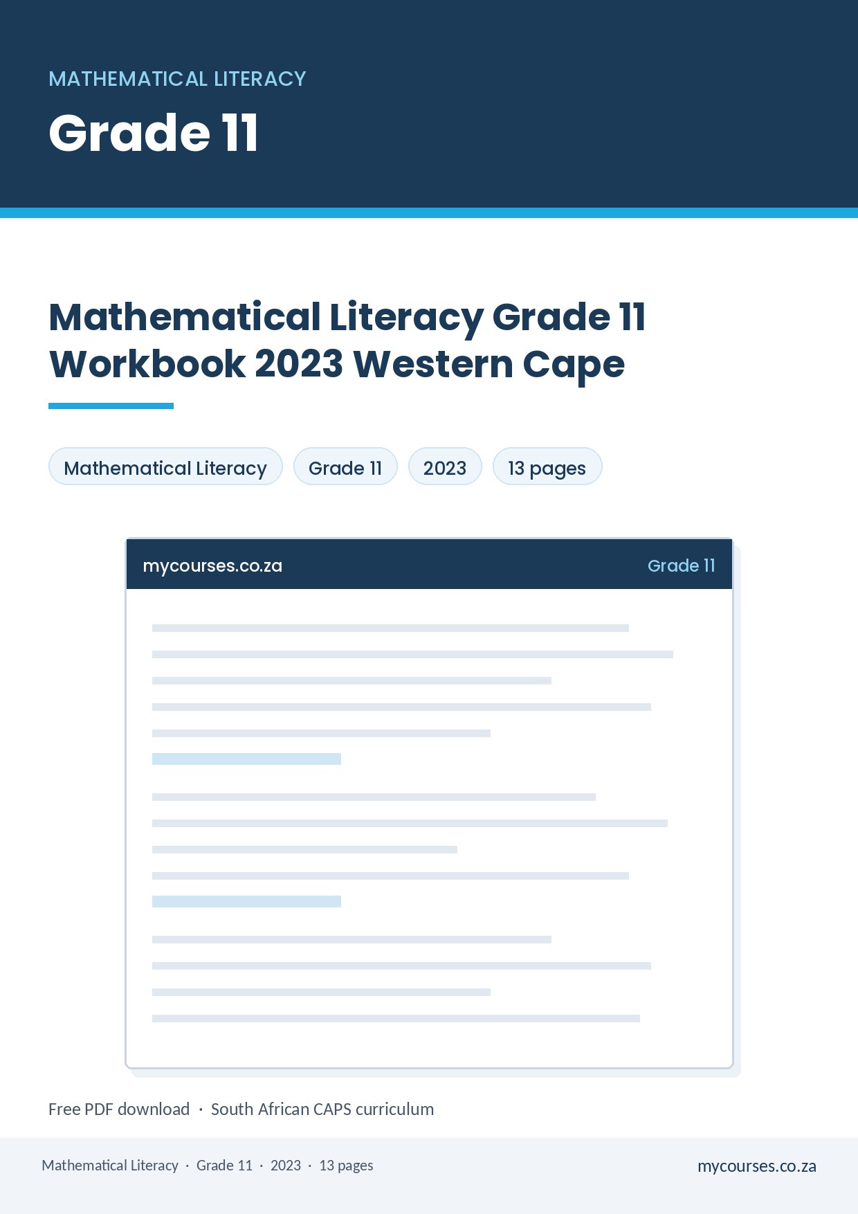 Mathematical Literacy Grade 11 Workbook 2023 Western Cape PDF XAG-514 - front page of the free PDF, mycourses.co.za