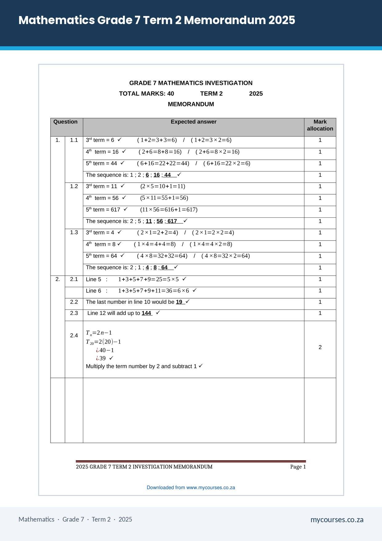 Mathematics Grade 7 Term 2 Memorandum 2025 PDF FIM-784 - front page of the free PDF, mycourses.co.za