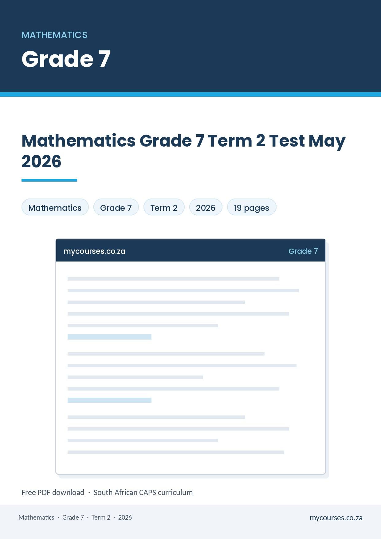 Mathematics Grade 7 Term 2 Test May 2026 PDF AUU-667 - front page of the free PDF, mycourses.co.za