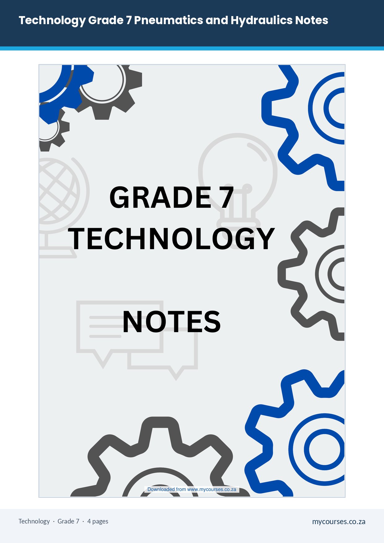 Technology Grade 7 Pneumatics and Hydraulics Notes PDF XTY-533 - front page of the free PDF, mycourses.co.za