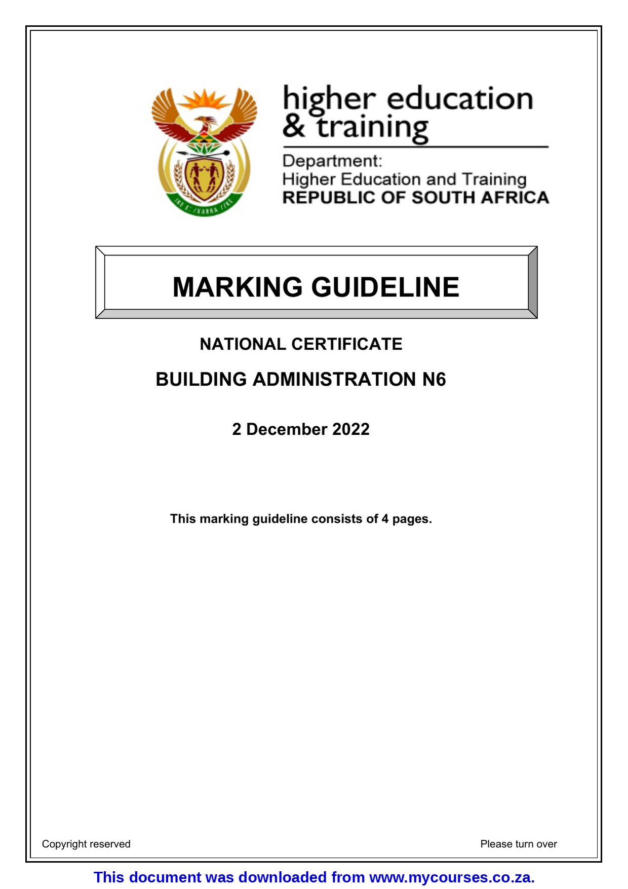Building Administration N6 question Papers and Memos - front page of the free PDF, mycourses.co.za