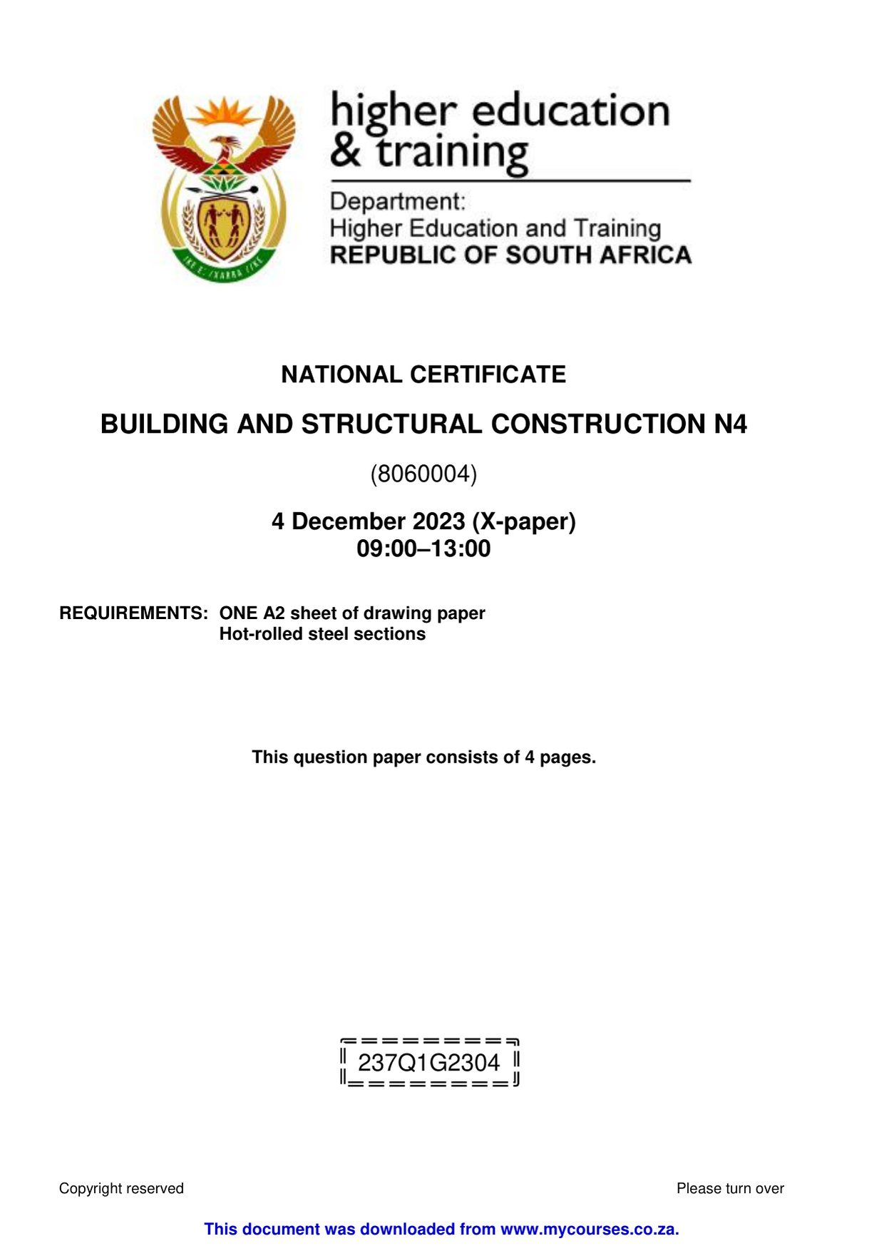 Building and Structural Construction N4 Past Papers and Memos for 2026 Students - front page of the free PDF, mycourses.co.za